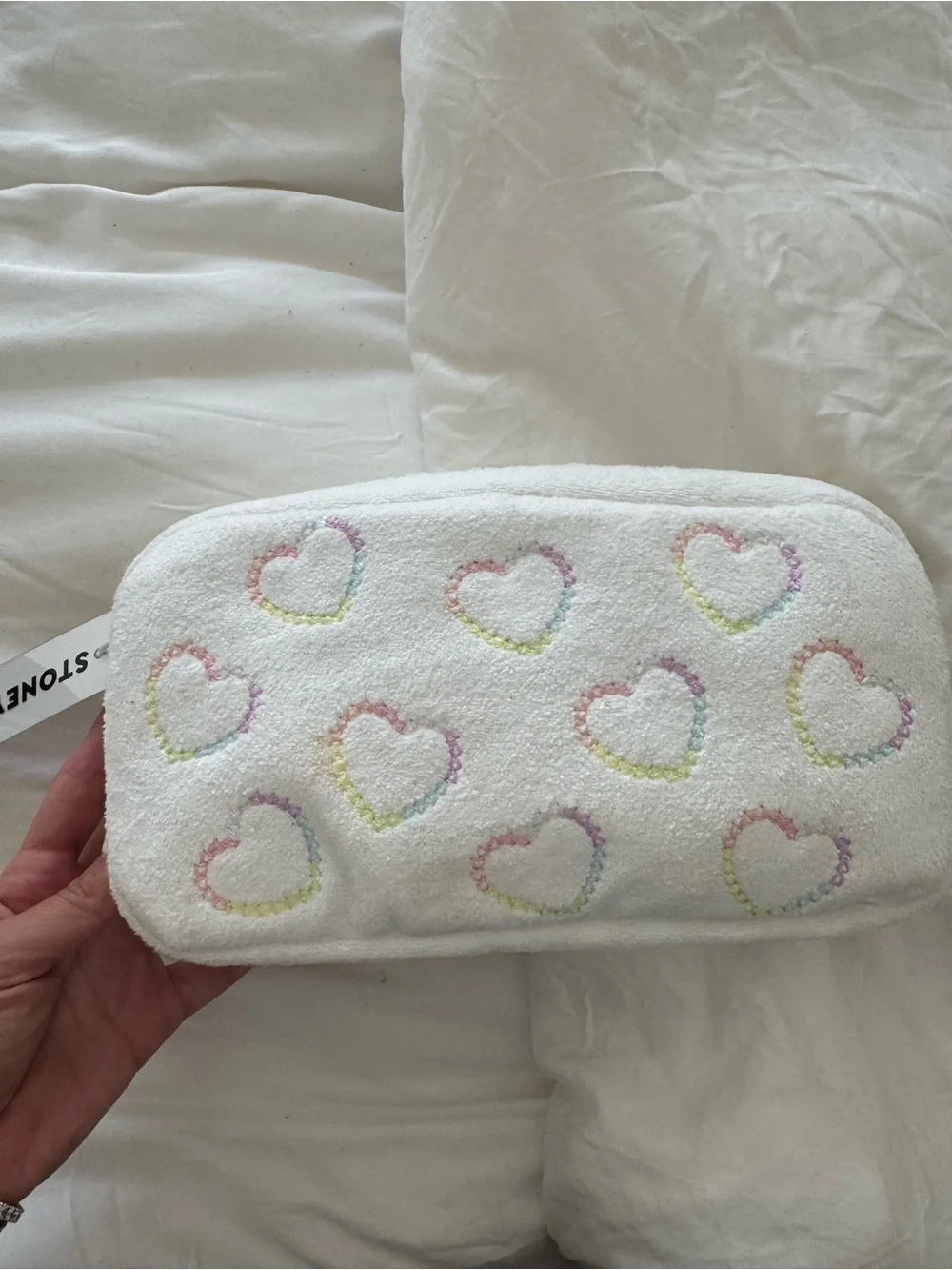 Stoney Clover Lane White Plush Cosmetic Pouch with Pastel Rainbow Hearts